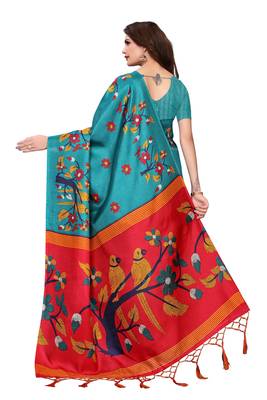 Teal printed khadi saree with blouse 4