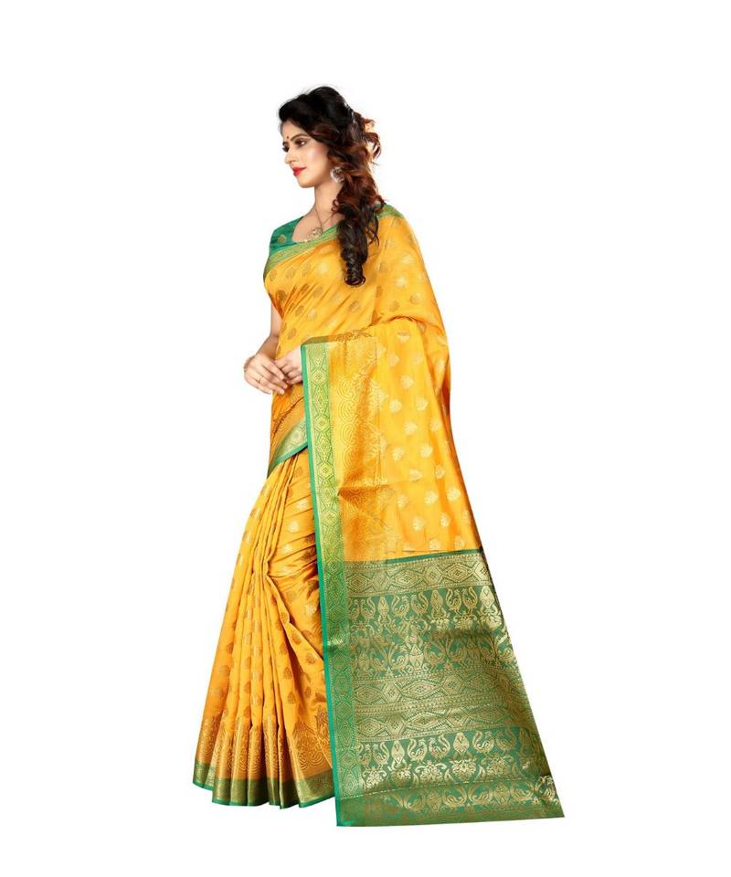 Yellow woven Banarasi  saree with blouse