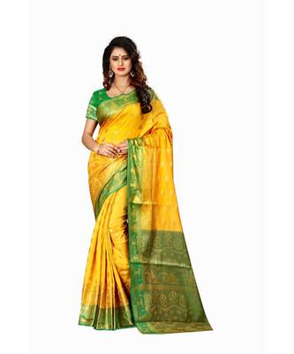Yellow woven Banarasi  saree with blouse 1