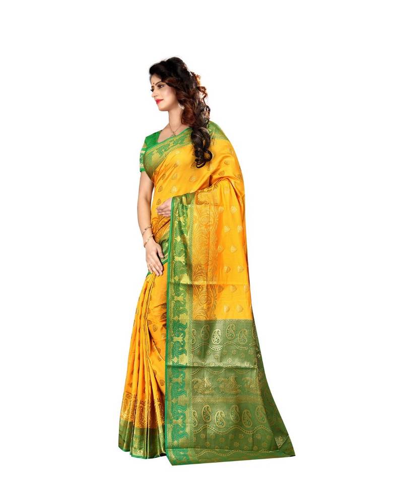 Yellow woven Banarasi  saree with blouse