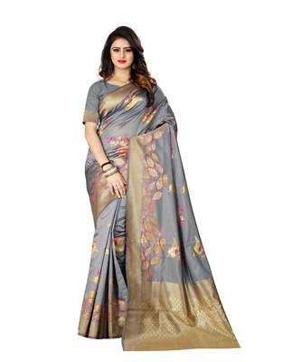 Grey Woven Art Silk Saree With Blouse 1
