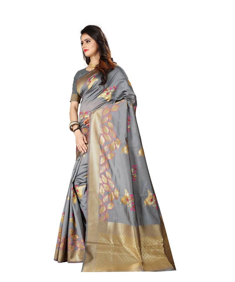 Grey Woven Art Silk Saree With Blouse