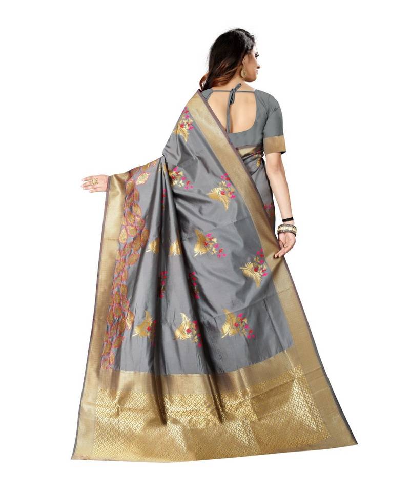 Grey Woven Art Silk Saree With Blouse