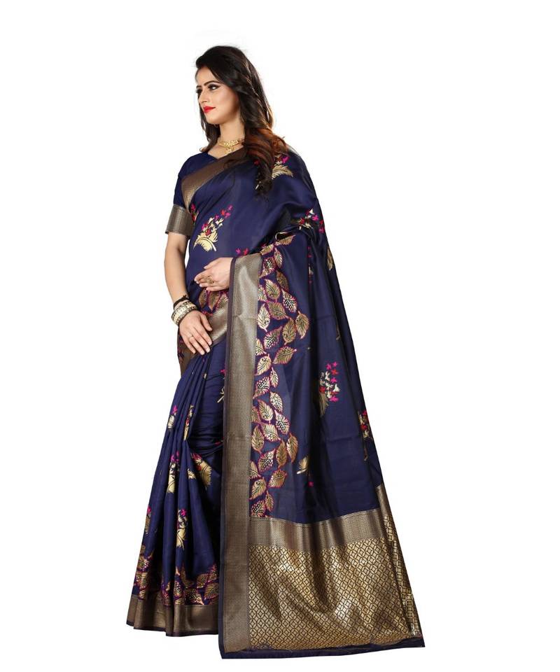 Blue Woven Art Silk Saree With Blouse