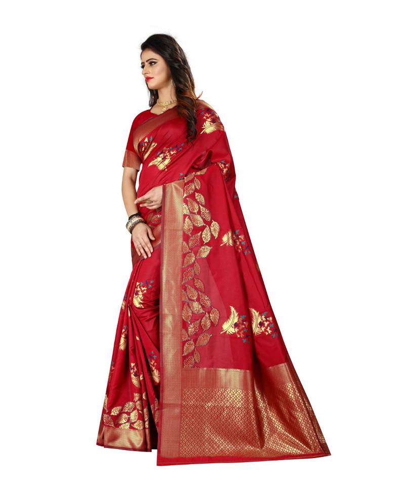 Red Woven Art Silk Saree With Blouse