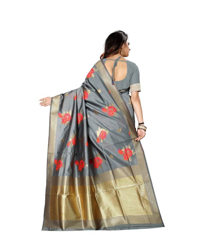 Grey Woven Art Silk Saree With Blouse