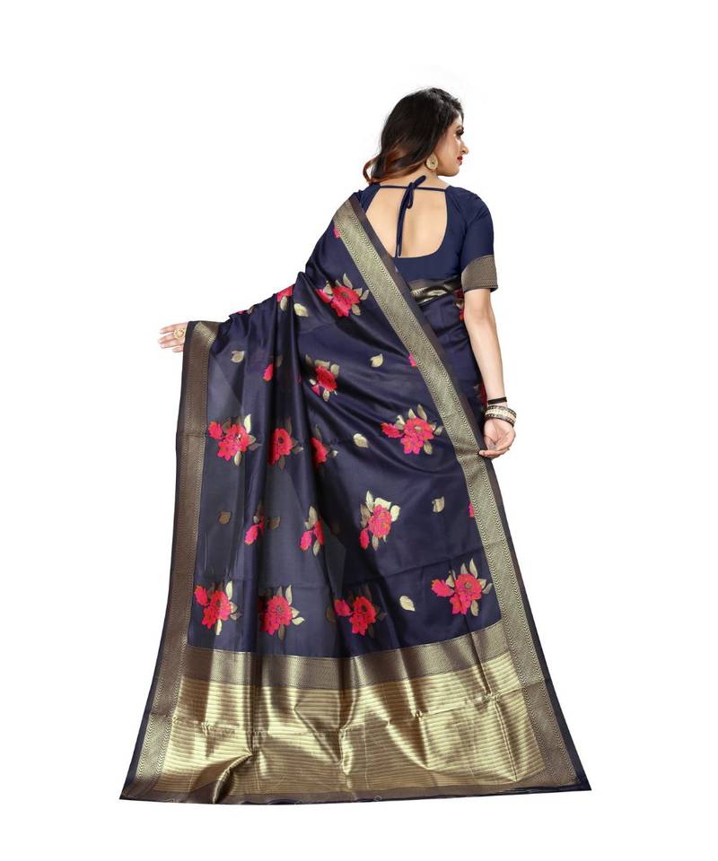 Blue Woven Banarasi Saree With Blouse