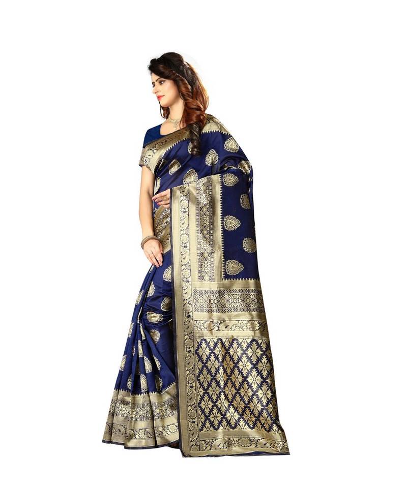 Blue Woven Art Silk Saree With Blouse