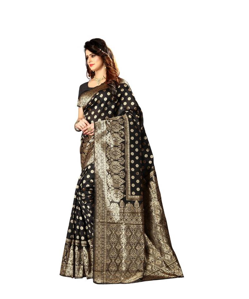 Black Woven Art Silk Saree With Blouse