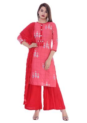 Women's Peach Printed Rayon Kurta Palazzo Dupatta Set 1