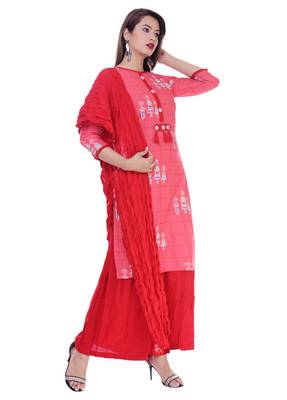 Women's Peach Printed Rayon Kurta Palazzo Dupatta Set 2