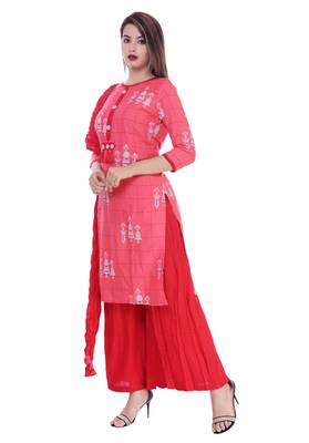 Women's Peach Printed Rayon Kurta Palazzo Dupatta Set 3