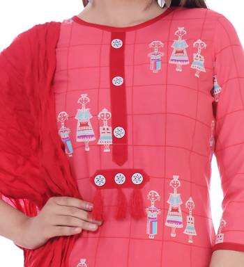 Women's Peach Printed Rayon Kurta Palazzo Dupatta Set 4