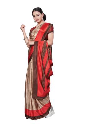 Beige printed art silk saree with blouse 1