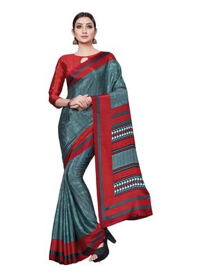 Blue printed art silk saree with blouse 1
