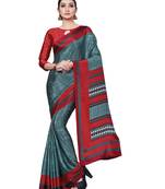 Blue printed art silk saree with blouse