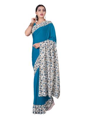 Blue printed silk blend saree with blouse 1