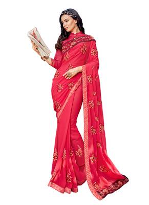 Crimson embroidered georgette saree with blouse 1