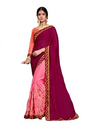 Dark green embroidered silk blend saree with blouse 1