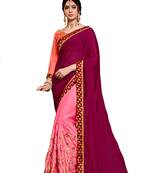 Dark green embroidered silk blend saree with blouse