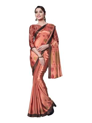 Light brown printed art silk saree with blouse 1