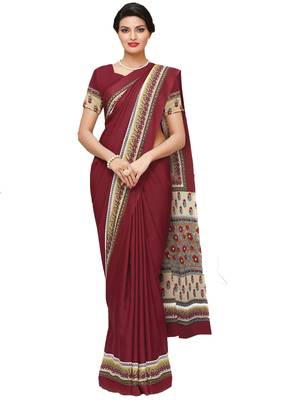 Maroon printed silk blend saree with blouse 1