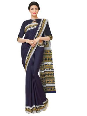 Navy blue printed silk blend saree with blouse 1