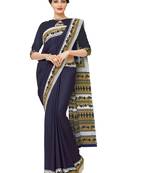 Navy blue printed silk blend saree with blouse