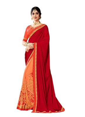 Orange embroidered silk blend  saree with blouse 1