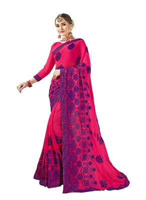 Rani pink embroidered georgette saree with blouse 1