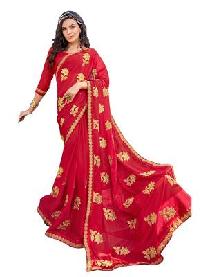 Red embroidered georgette saree with blouse 1