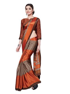 Rust printed art silk saree with blouse 1