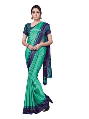 Sea green printed art silk saree with blouse 1