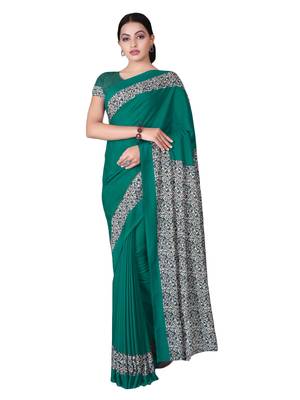 Sea green printed silk blend saree with blouse 1