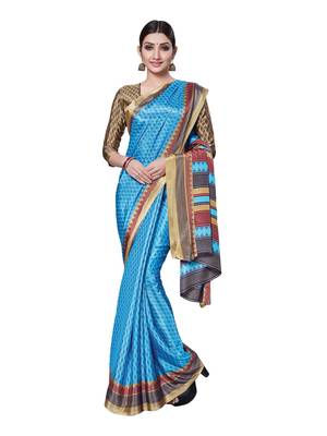 Sky blue printed art silk saree with blouse 1
