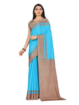 Turquoise printed silk blend saree with blouse 1
