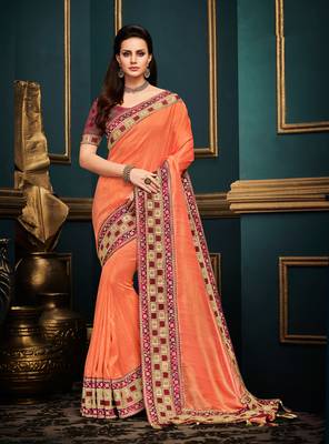Orange embroidered silk saree with blouse 1