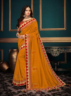 Mustard embroidered silk saree with blouse 1