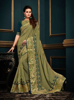 Mehendi embroidered satin saree with blouse 1