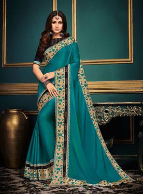 Light teal embroidered satin saree with blouse 1