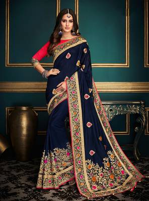 Blue embroidered satin saree with blouse 1