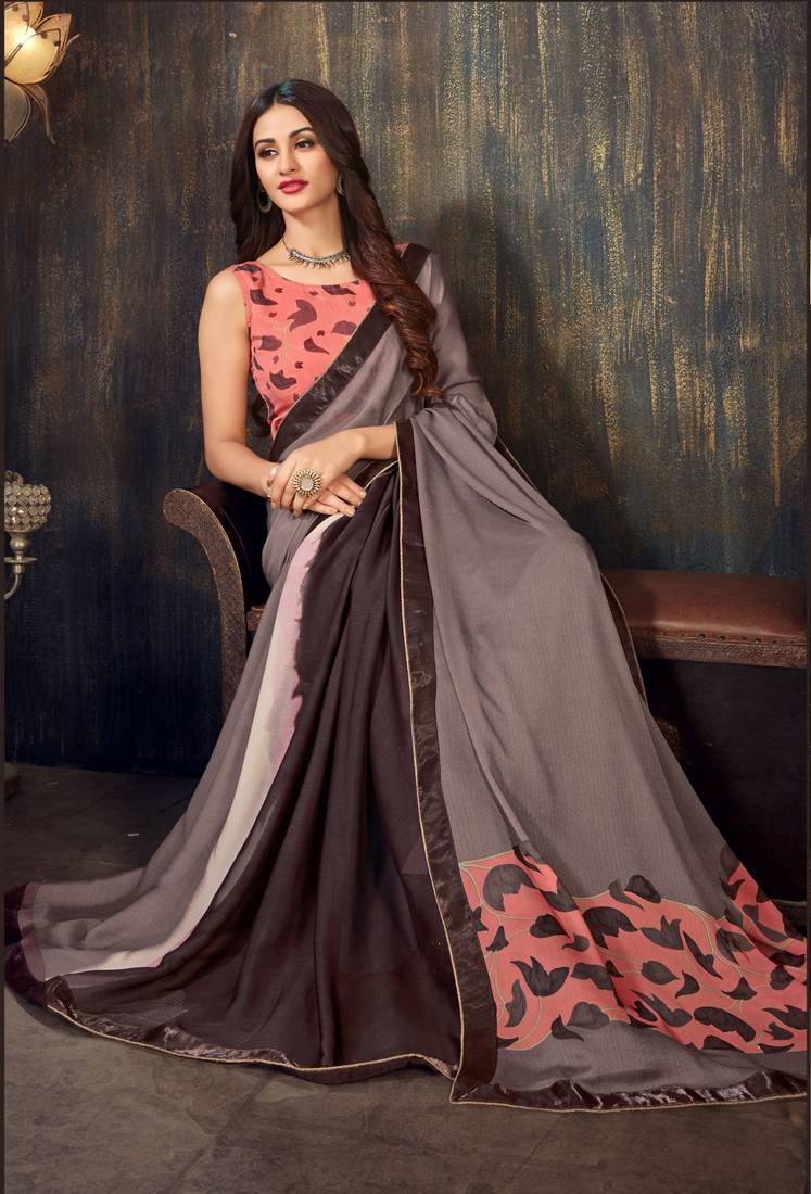 Women's Cotton Brown Printed Designer Saree With Blouse Piece main image 0