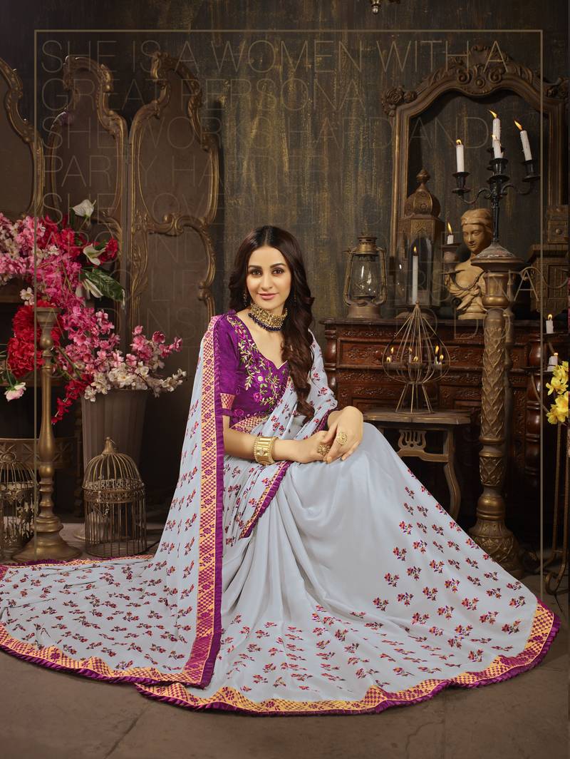 Silver Grey Subtle Embroidered Saree main image 1