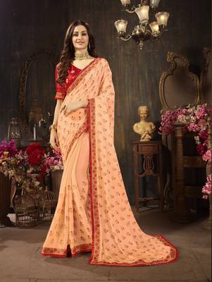 Peach Embroidered Silk Saree With Blouse 1