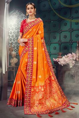Orange embroidered bhagalpuri silk saree with blouse 1