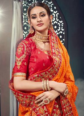 Orange embroidered bhagalpuri silk saree with blouse 2