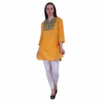 Yellow Embroidered Cotton Ethnic Kurti  1