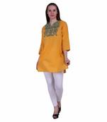 Yellow Embroidered Cotton Ethnic Kurti 