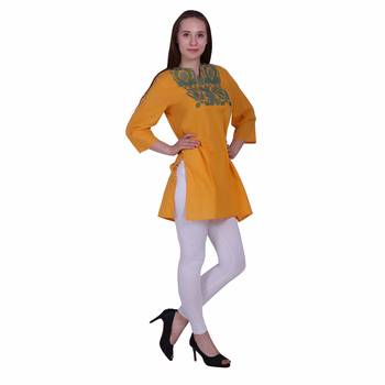 Yellow Embroidered Cotton Ethnic Kurti  3