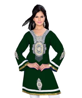 Bottle Green Georgette Embroidered Zari_Work Islamic Tunics 1